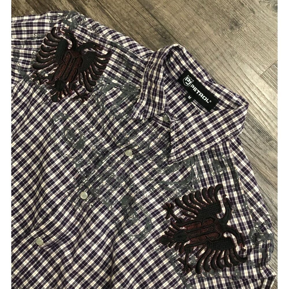Petrol Embroidered Pearl Snap Shirt Mens Medium Purple Long Sleeve